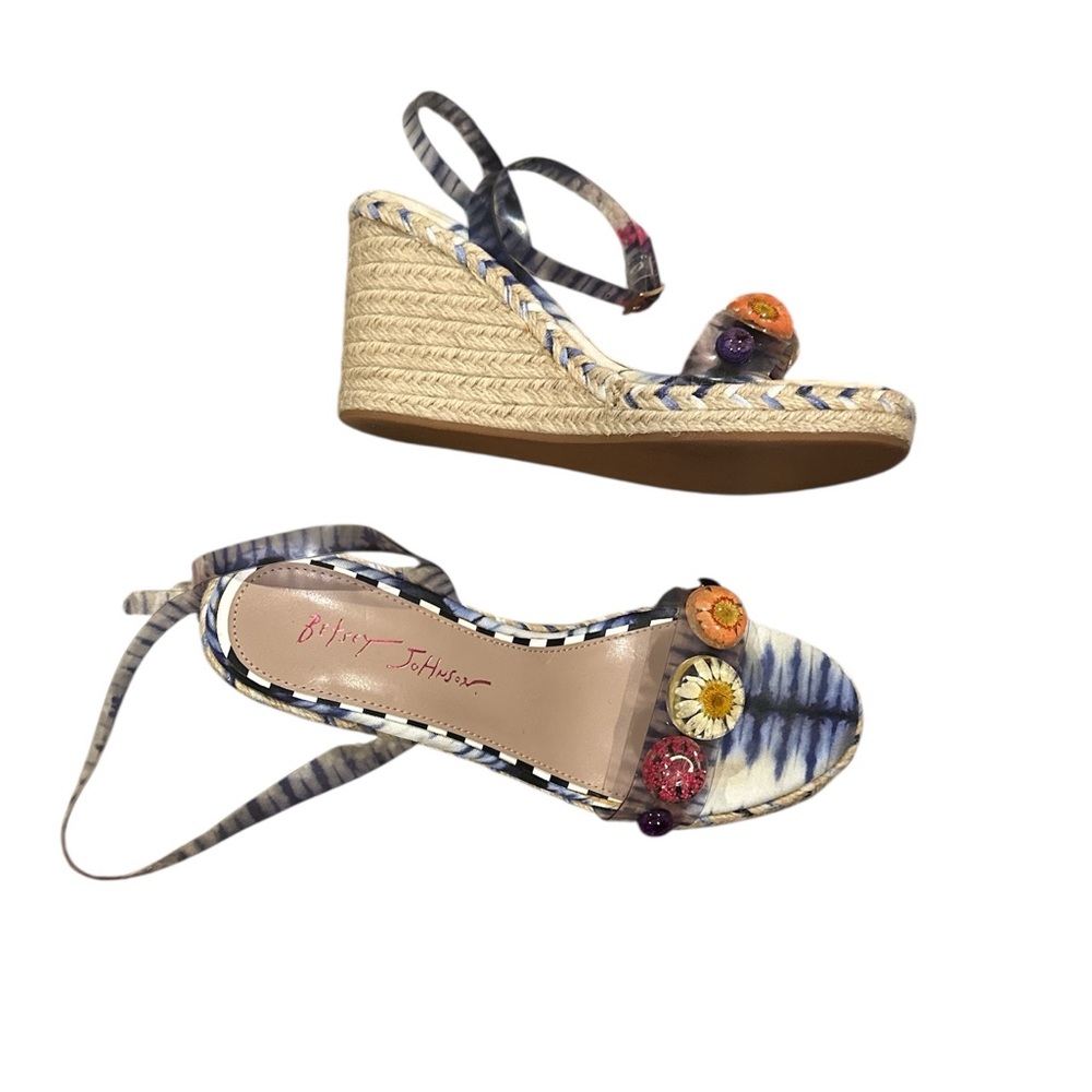 BETSEY JOHNSON FLORAL ANKLE STRAP WEDGE SHOES